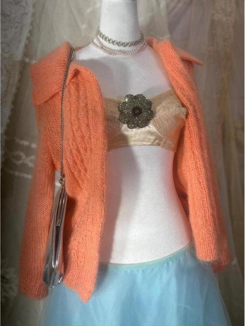 vintage 1960s pink coral fuzzy mohair-like knitted cardigan [COPY]